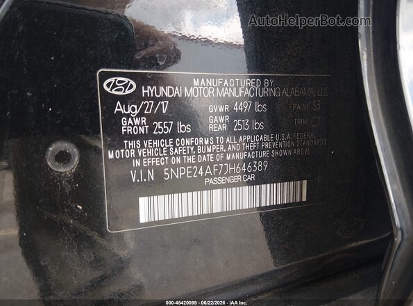 5NPE24AF7JH646389 2018 HYUNDAI SONATA Black Вид підкапотного простору