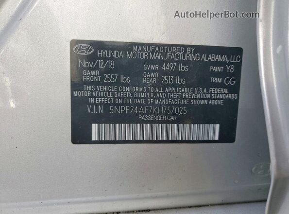 5NPE24AF7KH757025 2019 HYUNDAI SONATA Silver VIN կոդի պիտակի տեսք