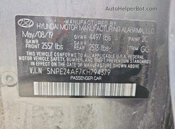 5NPE24AF7KH794379 2019 HYUNDAI SONATA Gray Շարժիչի բաժամունքի տեսք