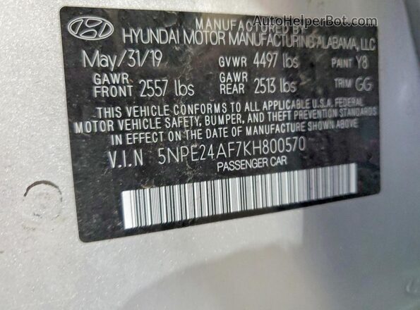 5NPE24AF7KH800570 2019 HYUNDAI SONATA Silver Vista del compartimento del motor