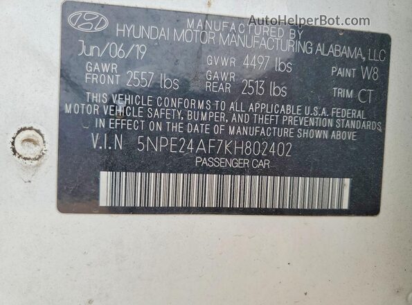 5NPE24AF7KH802402 2019 HYUNDAI SONATA White Շարժիչի բաժամունքի տեսք