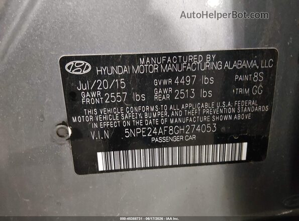 5NPE24AF8GH274053 2016 HYUNDAI SONATA Gray Widok komory silnika