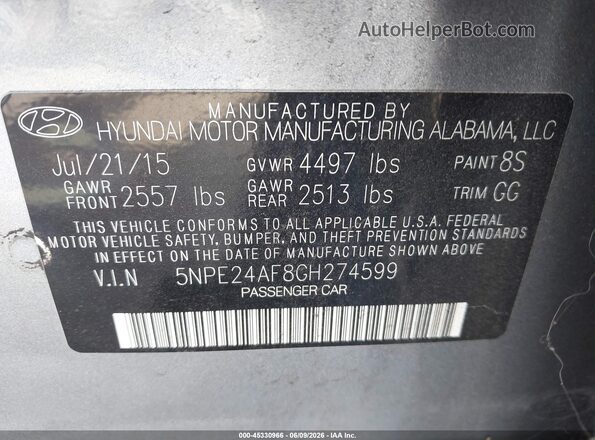 5NPE24AF8GH274599 2016 HYUNDAI SONATA Gray Engine compartment view
