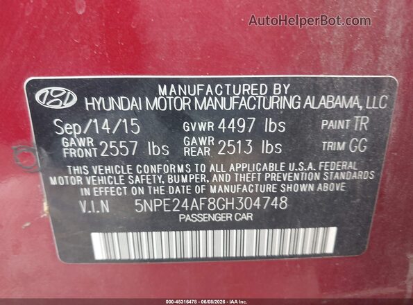 5NPE24AF8GH304748 2016 HYUNDAI SONATA Red Շարժիչի բաժամունքի տեսք