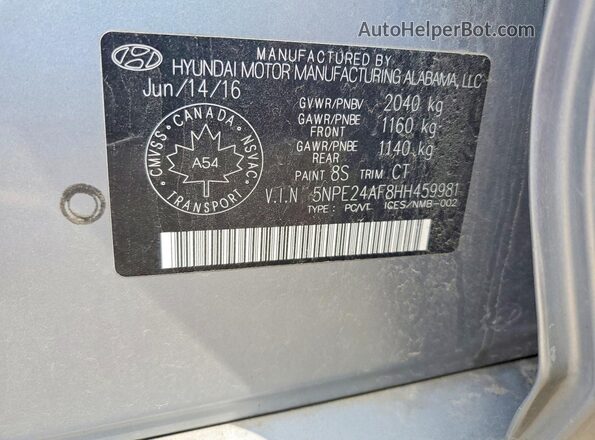 5NPE24AF8HH459981 2017 HYUNDAI SONATA Серебряный Вид подкапотного пространства