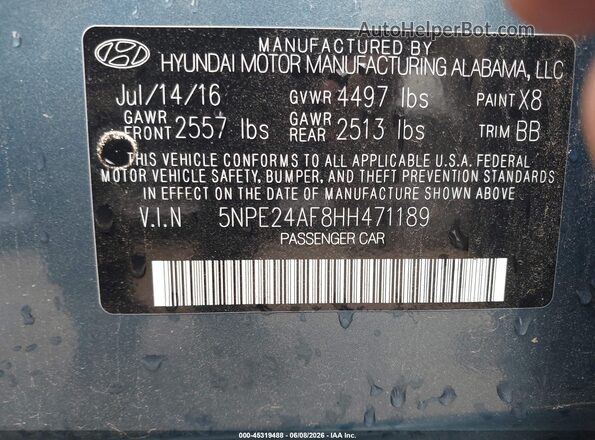 5NPE24AF8HH471189 2017 HYUNDAI SONATA Blue 