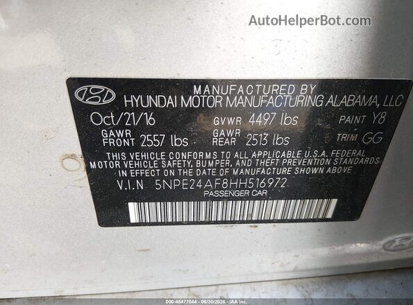 5NPE24AF8HH516972 2017 HYUNDAI SONATA Silver Շարժիչի բաժամունքի տեսք