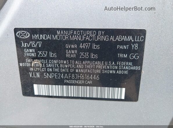 5NPE24AF8JH616446 2018 HYUNDAI SONATA Silver Вид підкапотного простору