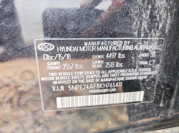 5NPE24AF8KH765411 2019 HYUNDAI SONATA Black ძრავის განყოფილების ხედი
