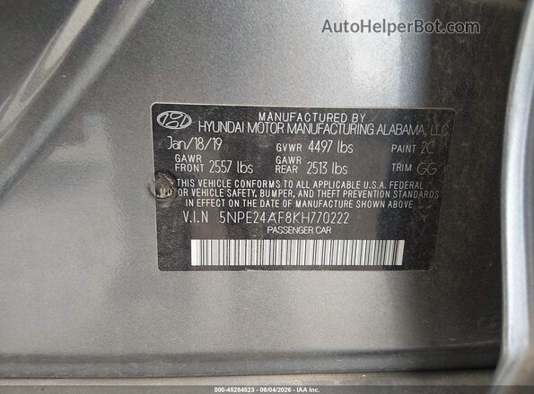 5NPE24AF8KH770222 2019 HYUNDAI SONATA Gray Շարժիչի բաժամունքի տեսք