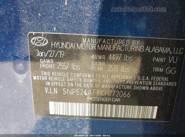 5NPE24AF8KH772066 2019 HYUNDAI SONATA Синий Вид подкапотного пространства