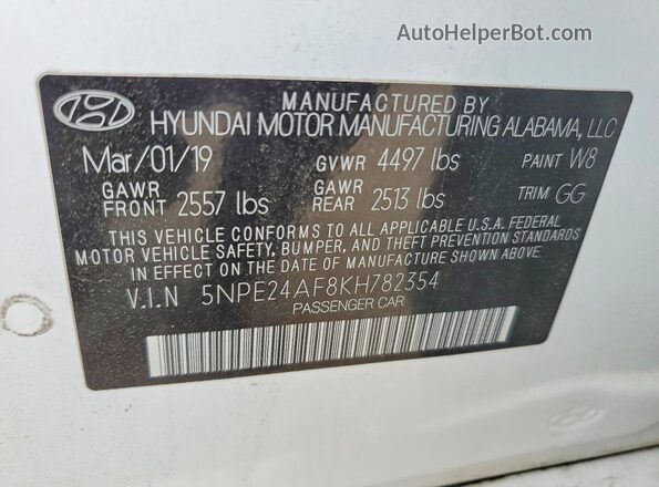 5NPE24AF8KH782354 2019 HYUNDAI SONATA White 