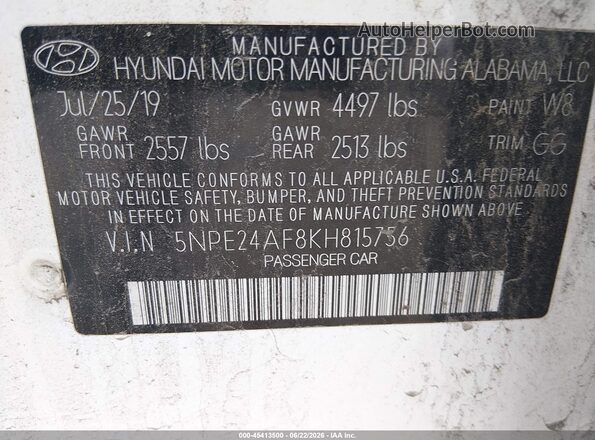 5NPE24AF8KH815756 2019 HYUNDAI SONATA White Вид підкапотного простору