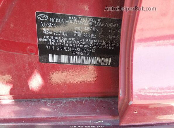 5NPE24AF8KH817314 2019 HYUNDAI SONATA Red ძრავის განყოფილების ხედი
