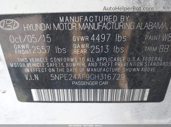5NPE24AF9GH316729 2016 HYUNDAI SONATA White Engine compartment view