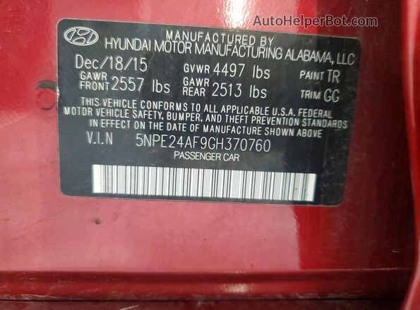 5NPE24AF9GH370760 2016 HYUNDAI SONATA Red Вид підкапотного простору