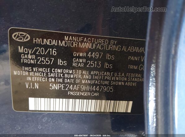5NPE24AF9HH447905 2017 HYUNDAI SONATA Blue Շարժիչի բաժամունքի տեսք