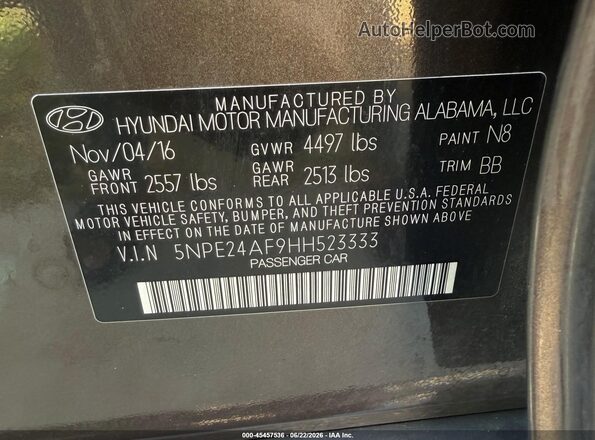 5NPE24AF9HH523333 2017 HYUNDAI SONATA Pewter Vista del compartimento del motor