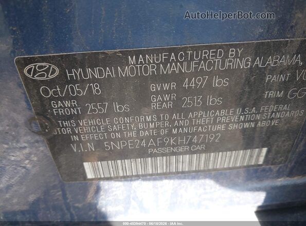 5NPE24AF9KH747192 2019 HYUNDAI SONATA Синий Вид подкапотного пространства