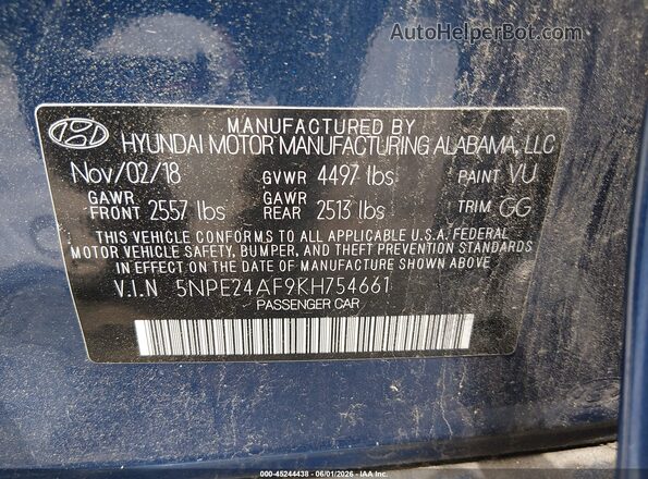 5NPE24AF9KH754661 2019 HYUNDAI SONATA Blue Շարժիչի բաժամունքի տեսք