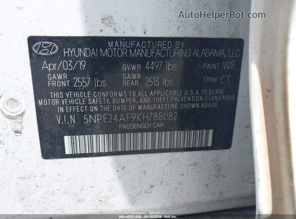 5NPE24AF9KH788082 2019 HYUNDAI SONATA White ძრავის განყოფილების ხედი