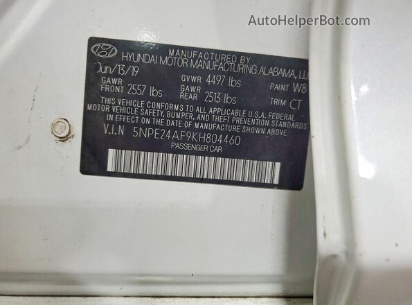 5NPE24AF9KH804460 2019 HYUNDAI SONATA White Вид підкапотного простору