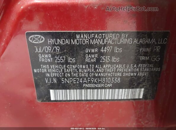 5NPE24AF9KH810338 2019 HYUNDAI SONATA Red 