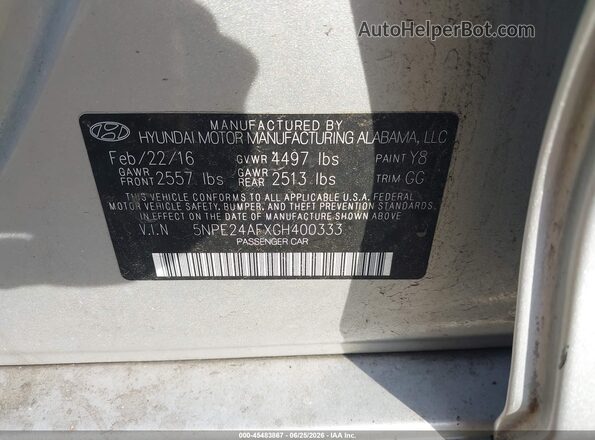 5NPE24AFXGH400333 2016 HYUNDAI SONATA Silver ძრავის განყოფილების ხედი