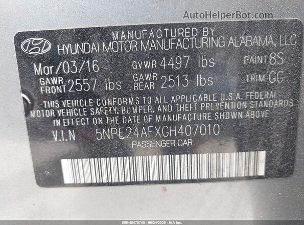 5NPE24AFXGH407010 2016 HYUNDAI SONATA Серебряный Вид подкапотного пространства