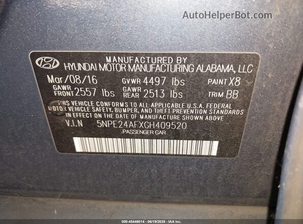 5NPE24AFXGH409520 2016 HYUNDAI SONATA Синий 