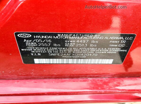 5NPE24AFXGH420470 2016 HYUNDAI SONATA Red Շարժիչի բաժամունքի տեսք
