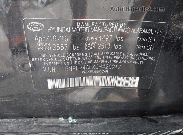 5NPE24AFXGH429217 2016 HYUNDAI SONATA Black 
