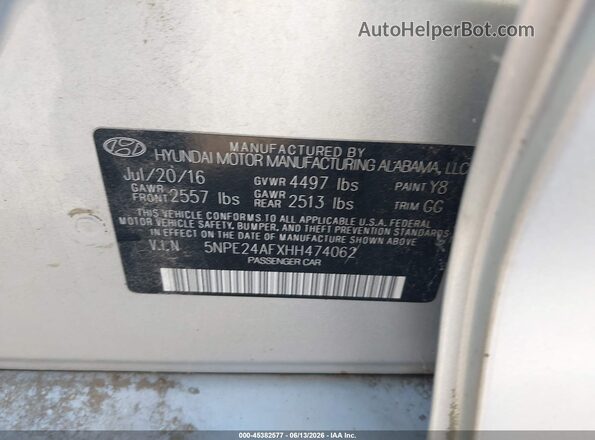 5NPE24AFXHH474062 2017 HYUNDAI SONATA Silver 