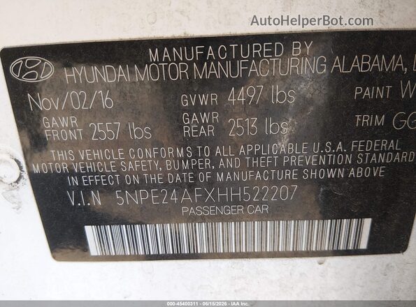 5NPE24AFXHH522207 2017 HYUNDAI SONATA White 