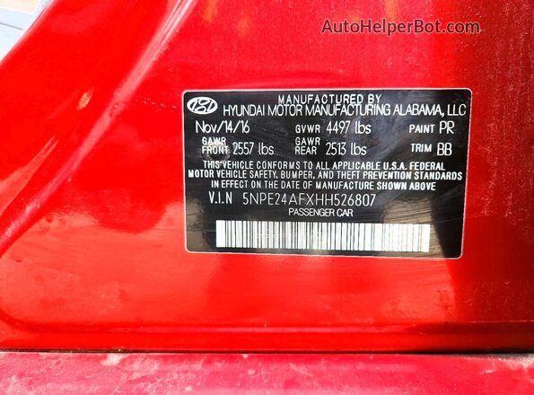 5NPE24AFXHH526807 2017 HYUNDAI SONATA Red 