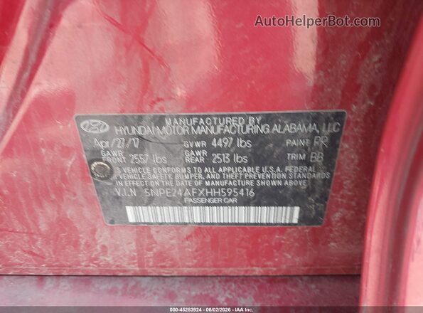 5NPE24AFXHH595416 2017 HYUNDAI SONATA Красный Вид подкапотного пространства