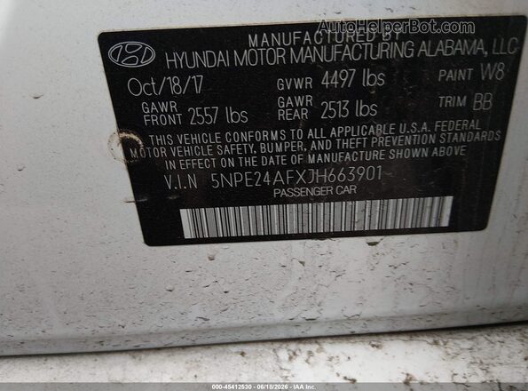 5NPE24AFXJH663901 2018 HYUNDAI SONATA White Vista del compartimento del motor