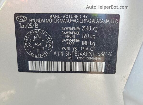 5NPE24AFXJH686126 2018 HYUNDAI SONATA Silver Вид наклейки з VIN-кодом