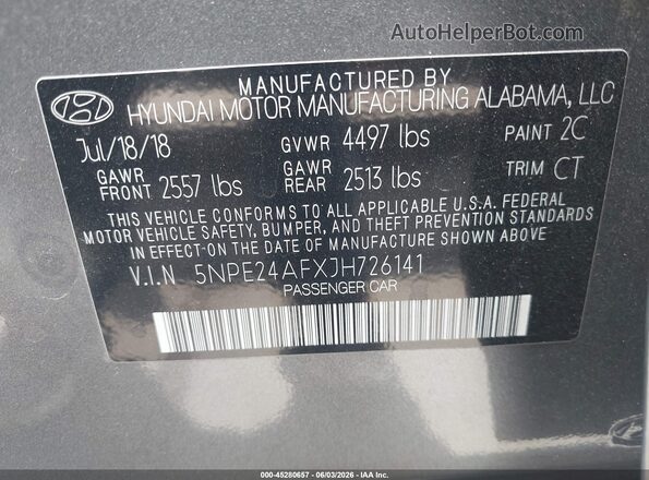 5NPE24AFXJH726141 2018 HYUNDAI SONATA Gray Engine compartment view