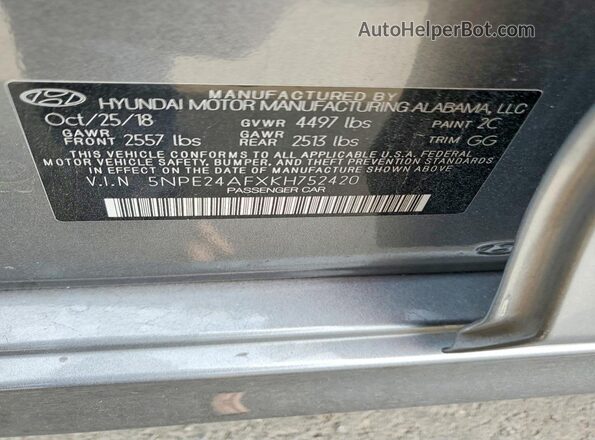 5NPE24AFXKH752420 2019 HYUNDAI SONATA Gray ძრავის განყოფილების ხედი