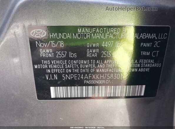 5NPE24AFXKH758301 2019 HYUNDAI SONATA Gray Engine compartment view