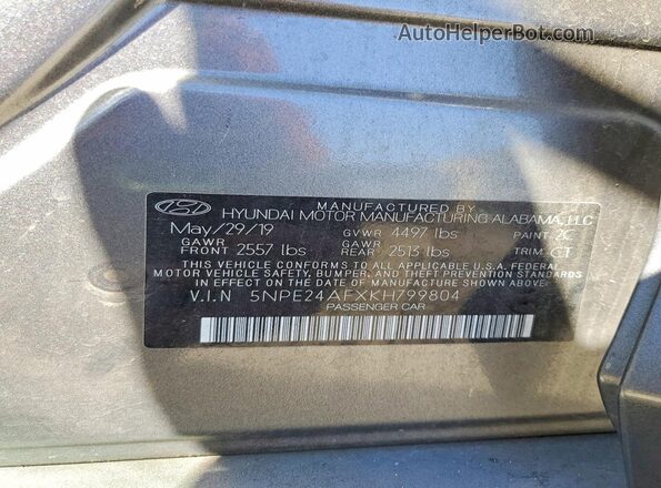 5NPE24AFXKH799804 2019 HYUNDAI SONATA Gray Widok naklejki z numerem VIN
