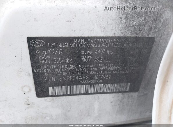 5NPE24AFXKH817962 2019 HYUNDAI SONATA White 
