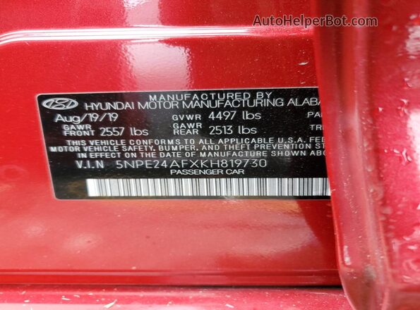 5NPE24AFXKH819730 2019 HYUNDAI SONATA Red ძრავის განყოფილების ხედი