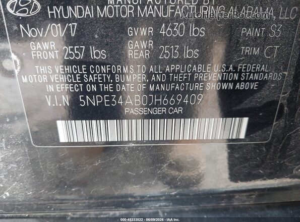 5NPE34AB0JH669409 2018 HYUNDAI SONATA Black Vista del compartimento del motor