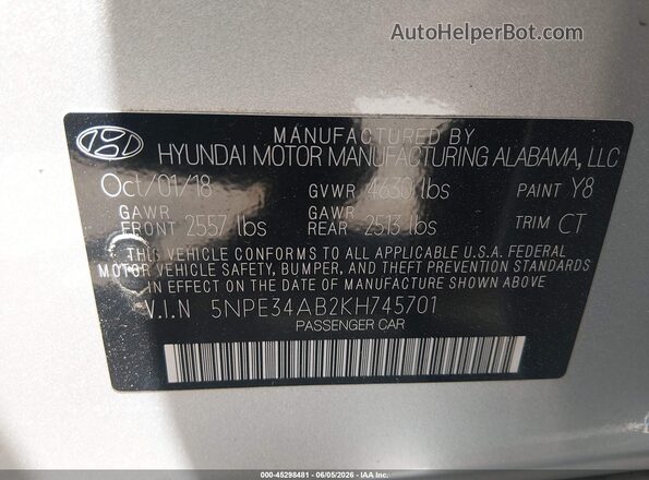 5NPE34AB2KH745701 2019 HYUNDAI SONATA Silver Engine compartment view