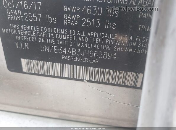 5NPE34AB3JH663894 2018 HYUNDAI SONATA White Շարժիչի բաժամունքի տեսք