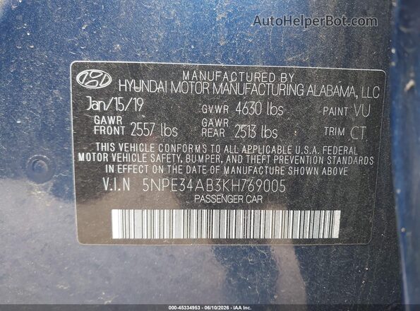 5NPE34AB3KH769005 2019 HYUNDAI SONATA Blue Widok komory silnika
