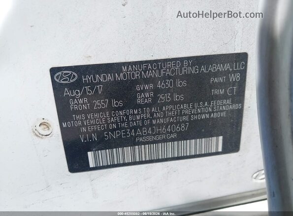5NPE34AB4JH640687 2018 HYUNDAI SONATA White ძრავის განყოფილების ხედი