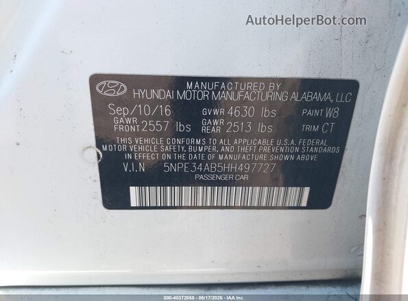 5NPE34AB5HH497727 2017 HYUNDAI SONATA White Вид підкапотного простору